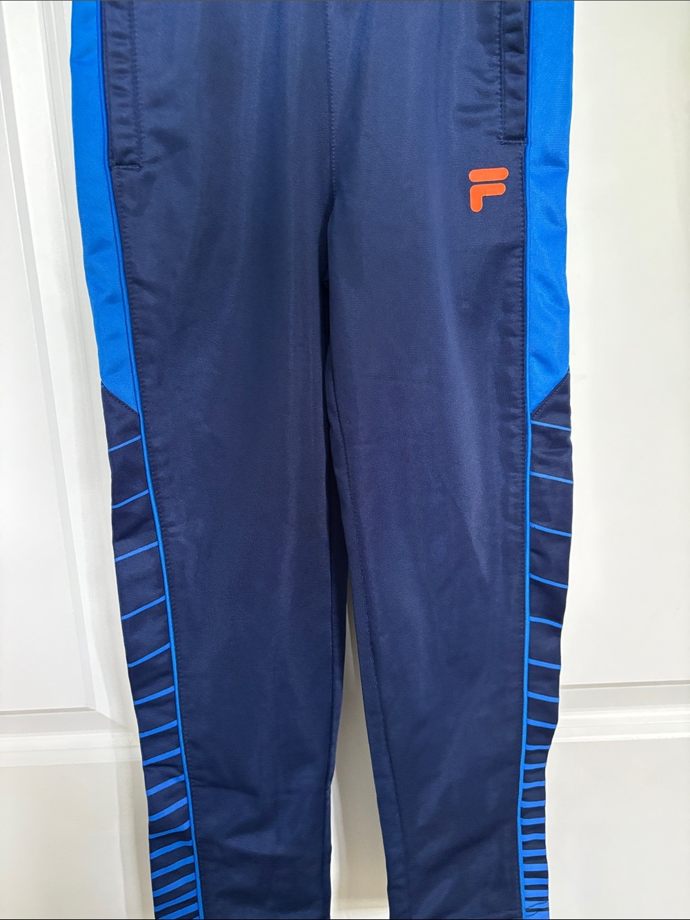 Fila Navy Track Pants with Bright Blue Panels and Orange F Logo